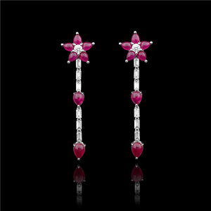 Cabochon Ruby Flower Linear Earrings