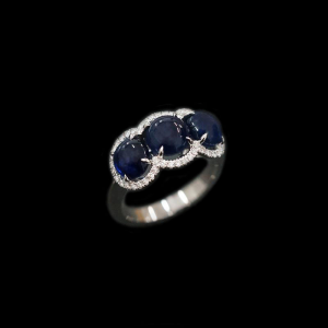 Trio Sapphire Cabochon Diamond Halo Ring