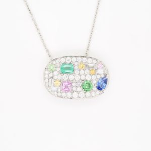 Diamond, Pink Sapphire, Purple Sapphire, Orange Sapphire, Tsavorite, Emerald, Blue Sapphire Pendant Set in Platinum