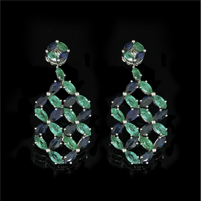 Lattice Sapphire and Emerald Earrings