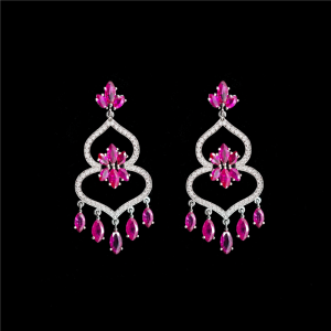 Open Spade Ruby Mini Chandelier Drop Platinum Earrings