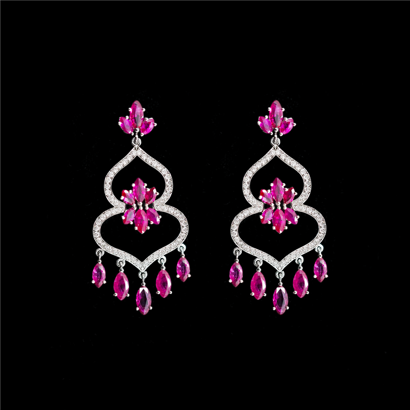 Open Spade Ruby Mini Chandelier Drop Platinum Earrings
